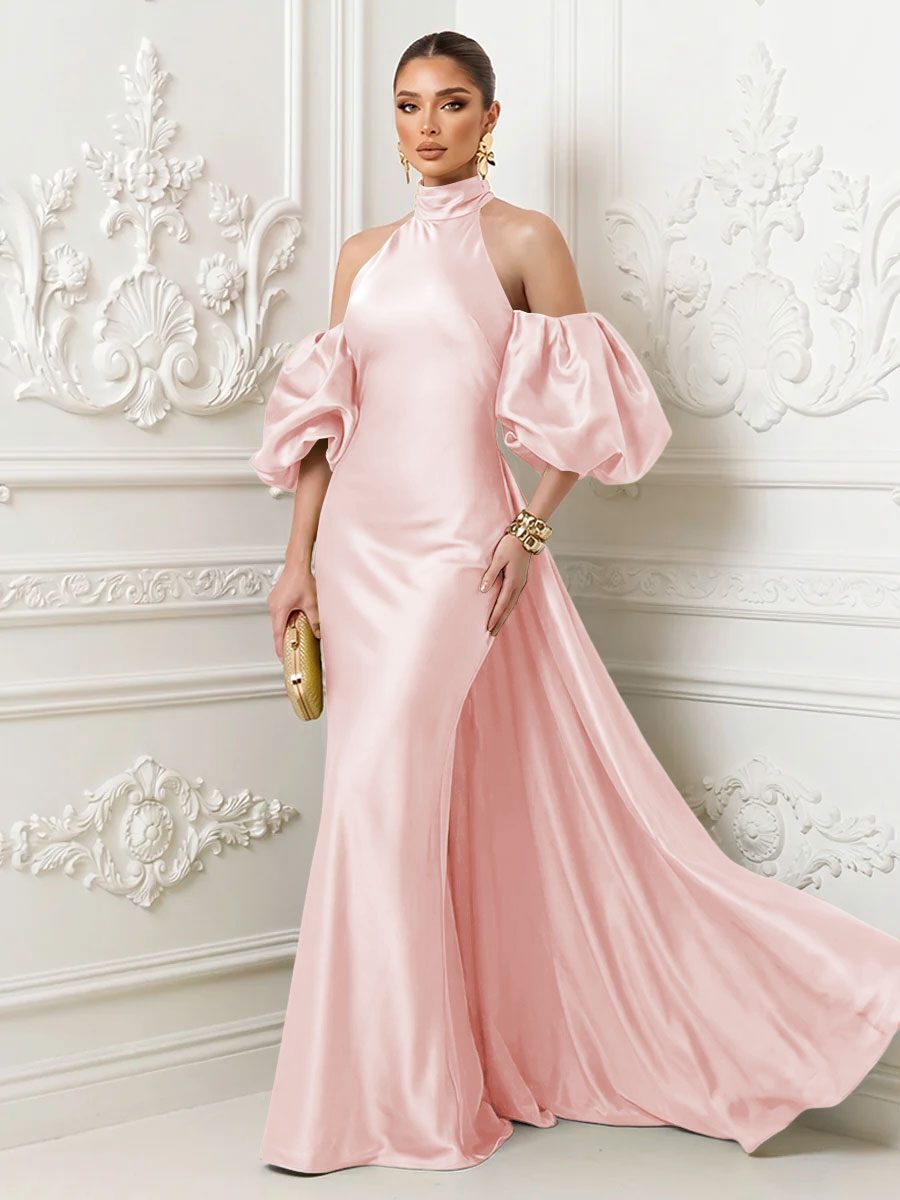 Satin Mermaid High Neck Puff Sleeves Evening Dresses with Draped Sash