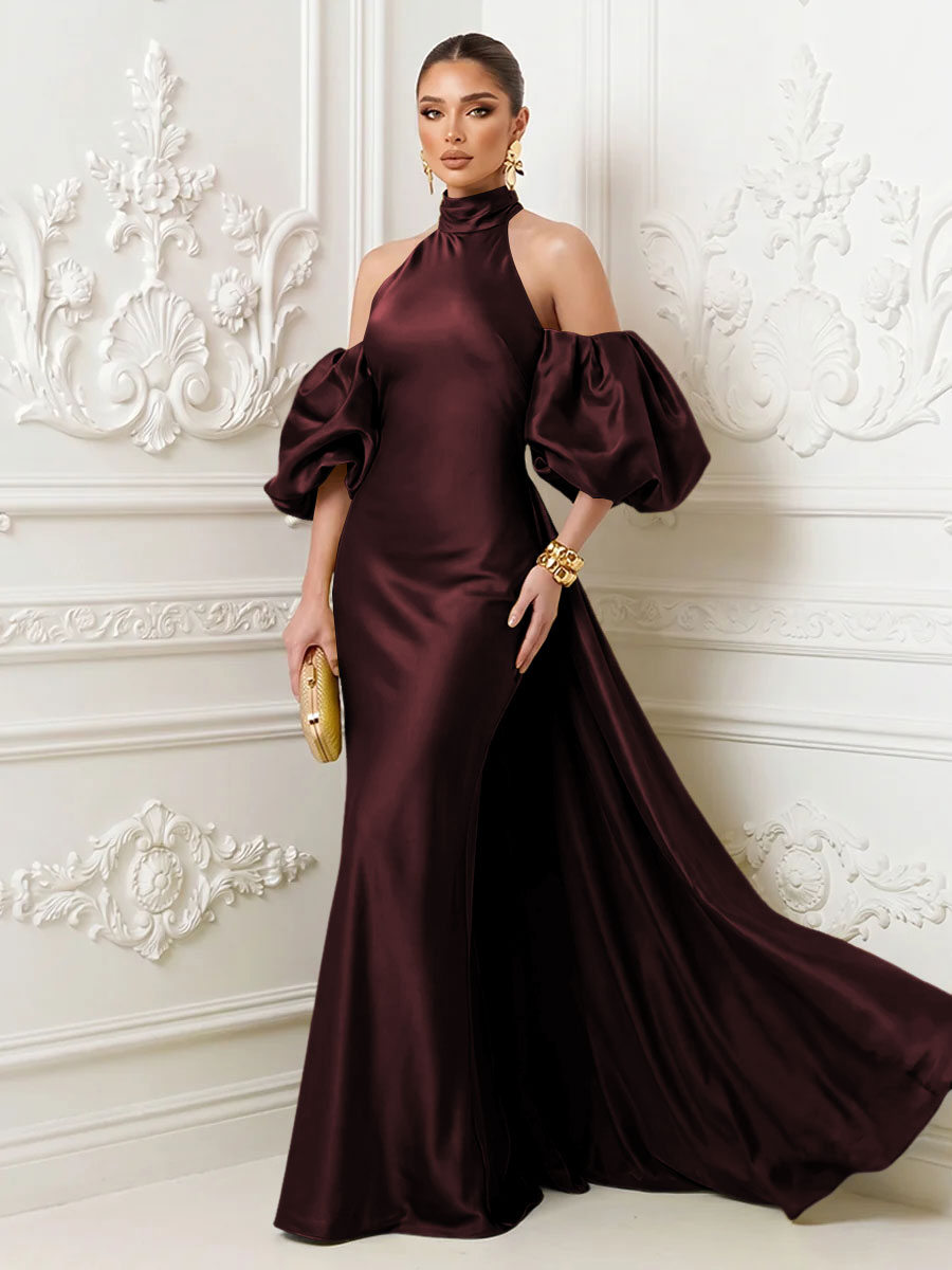 Satin Mermaid High Neck Puff Sleeves Evening Dresses with Draped Sash