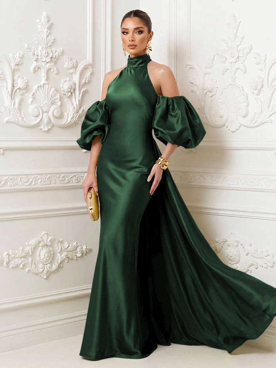 Satin Mermaid High Neck Puff Sleeves Evening Dresses with Draped Sash