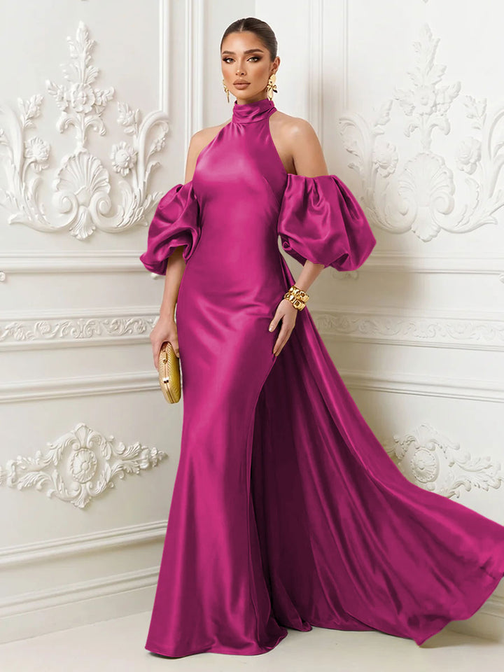 Satin Mermaid High Neck Puff Sleeves Evening Dresses with Draped Sash