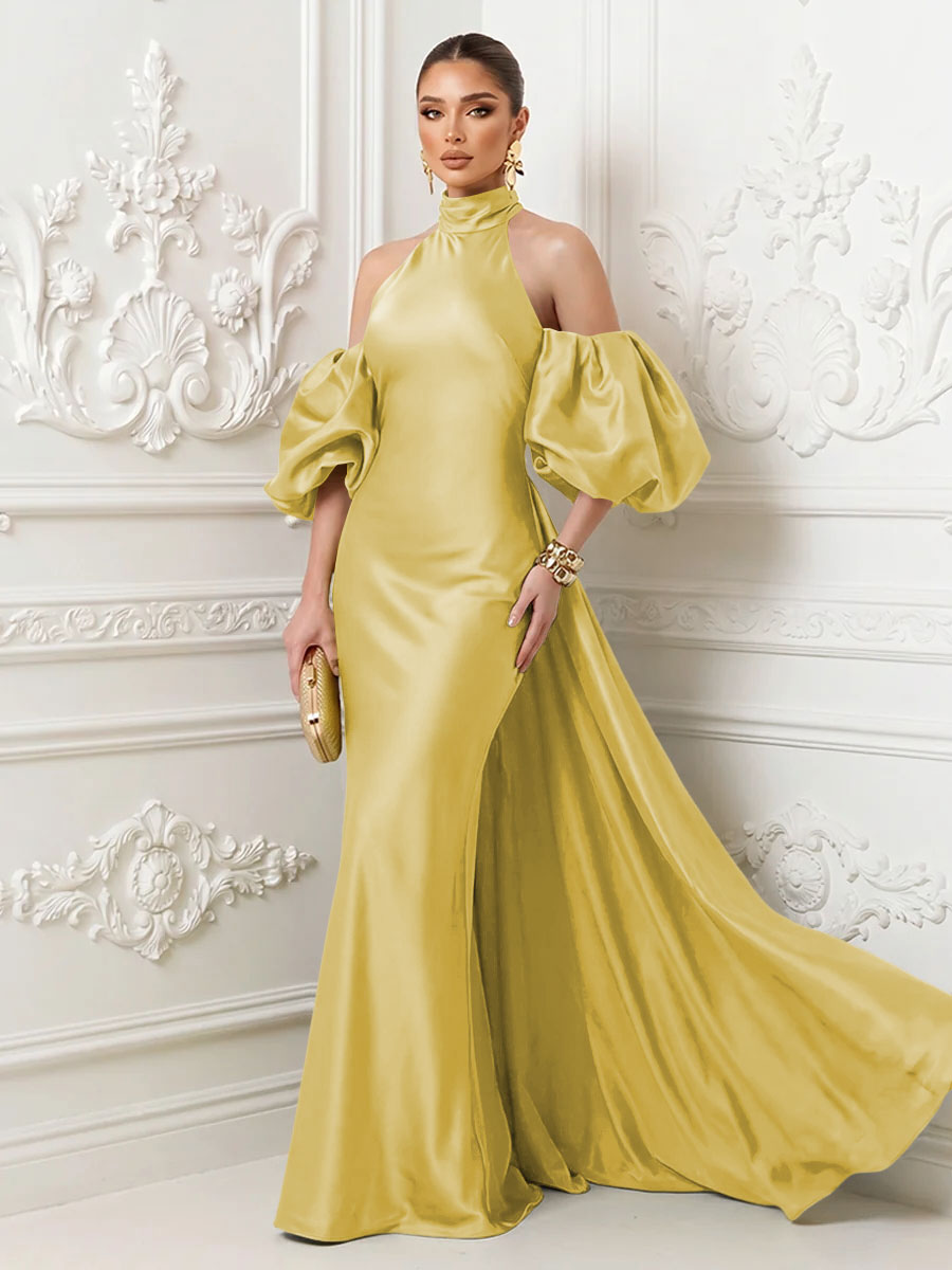 Satin Mermaid High Neck Puff Sleeves Evening Dresses with Draped Sash