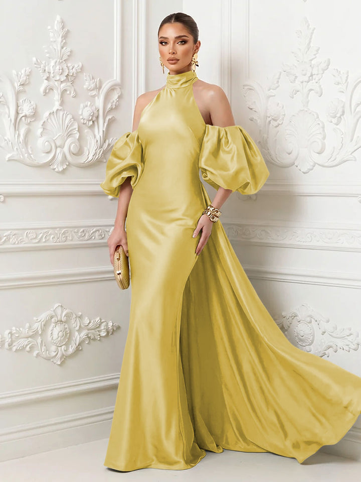 Satin Mermaid High Neck Puff Sleeves Evening Dresses with Draped Sash
