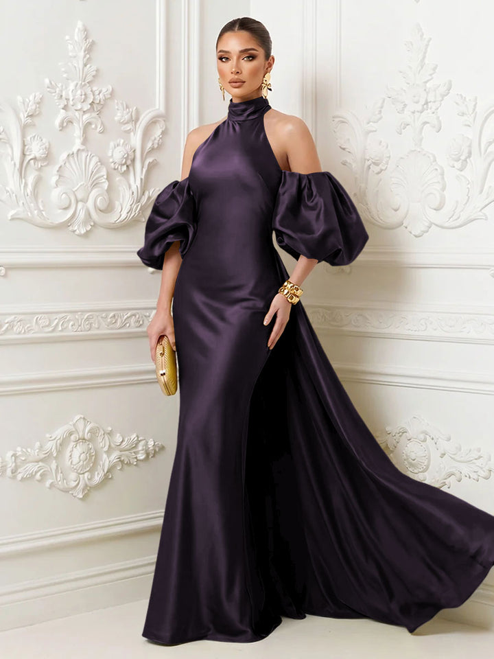 Satin Mermaid High Neck Puff Sleeves Evening Dresses with Draped Sash