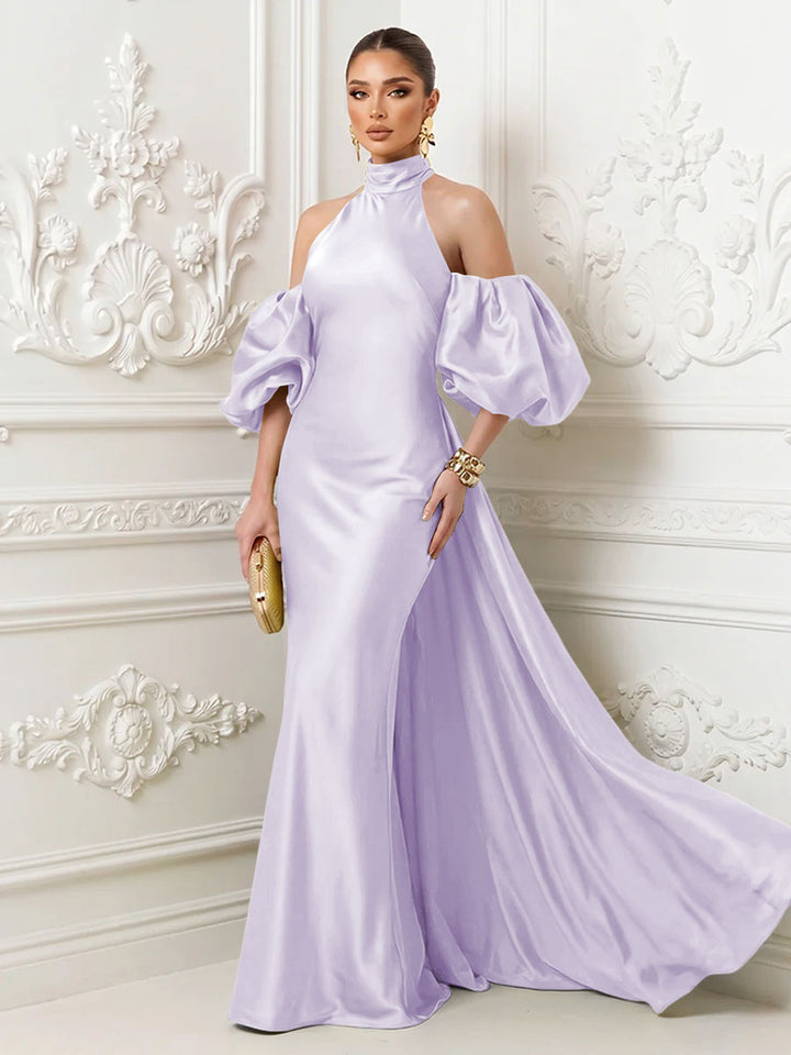 Satin Mermaid High Neck Puff Sleeves Evening Dresses with Draped Sash