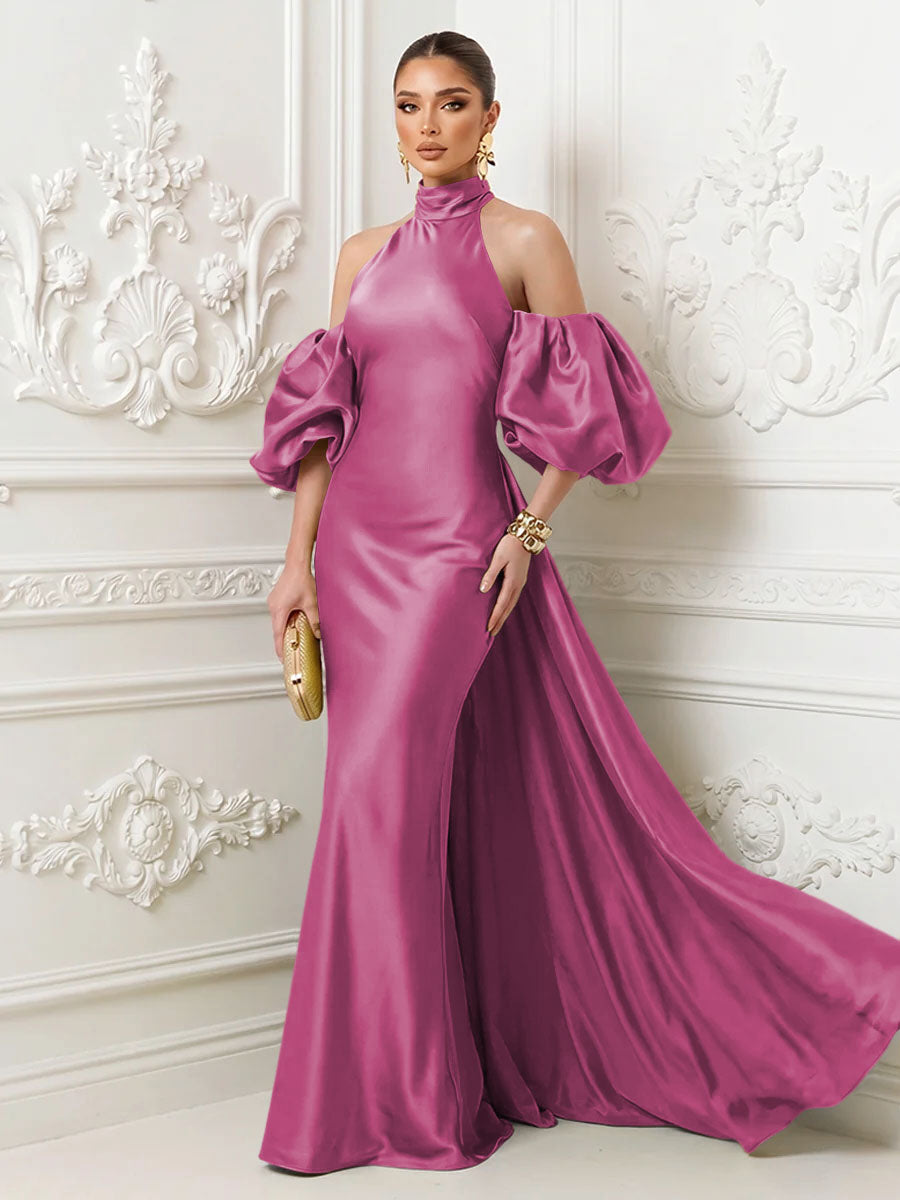 Satin Mermaid High Neck Puff Sleeves Evening Dresses with Draped Sash