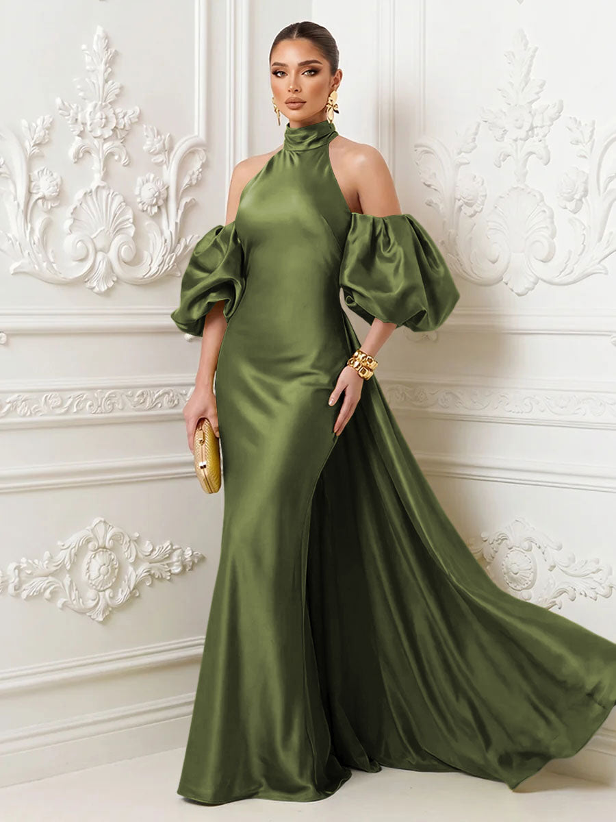 Satin Mermaid High Neck Puff Sleeves Evening Dresses with Draped Sash