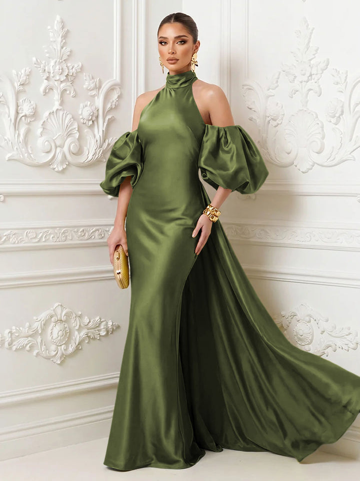 Satin Mermaid High Neck Puff Sleeves Evening Dresses with Draped Sash