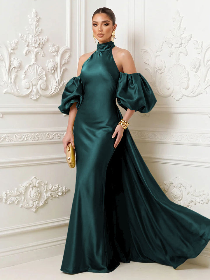 Satin Mermaid High Neck Puff Sleeves Evening Dresses with Draped Sash