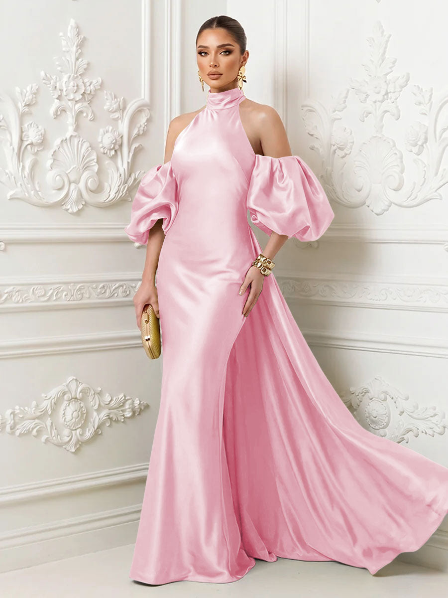Satin Mermaid High Neck Puff Sleeves Evening Dresses with Draped Sash
