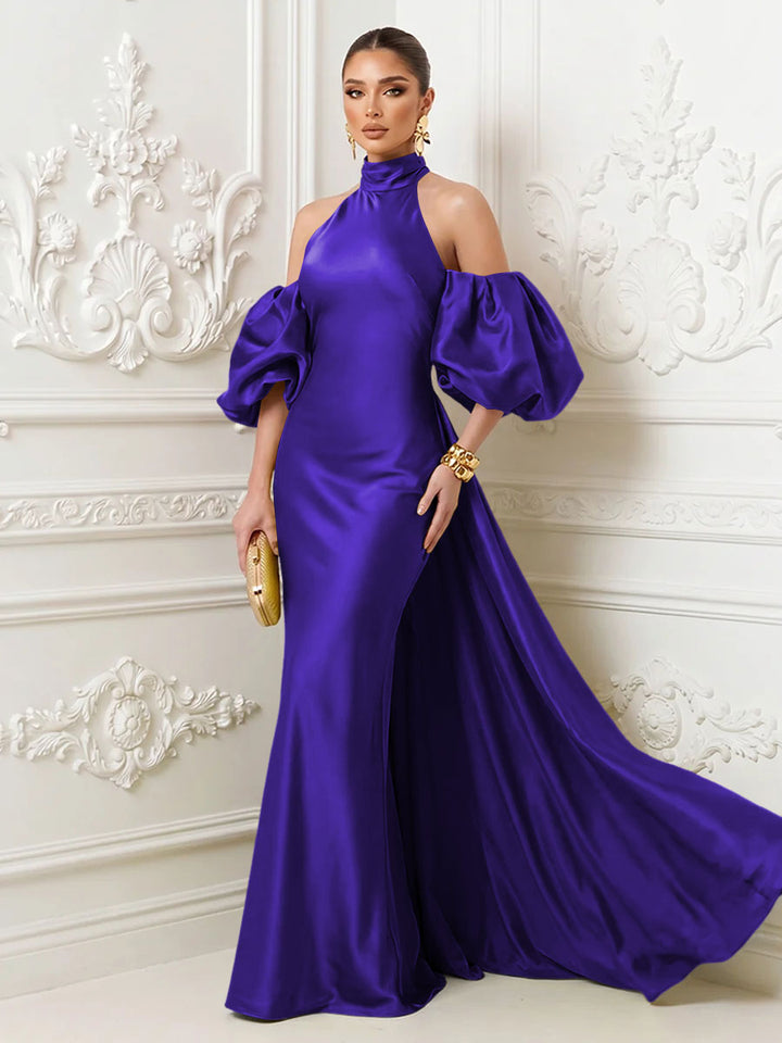 Satin Mermaid High Neck Puff Sleeves Evening Dresses with Draped Sash
