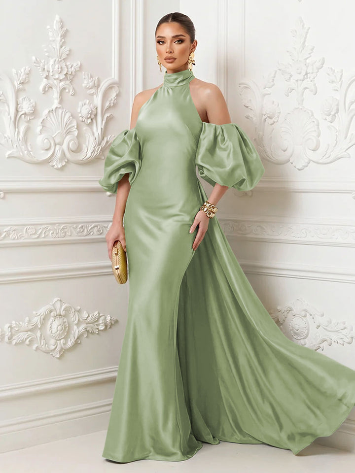 Satin Mermaid High Neck Puff Sleeves Evening Dresses with Draped Sash