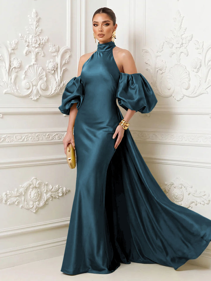 Satin Mermaid High Neck Puff Sleeves Evening Dresses with Draped Sash
