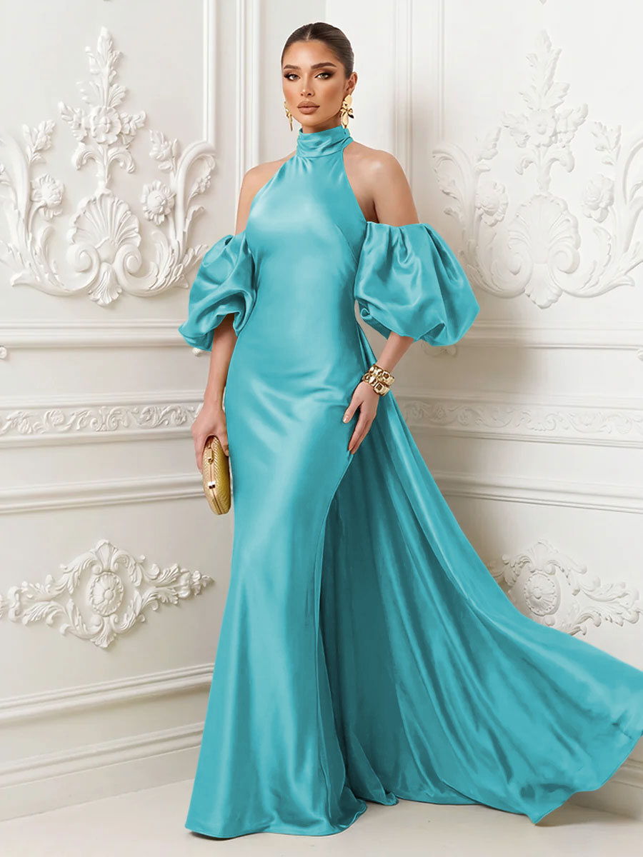 Satin Mermaid High Neck Puff Sleeves Evening Dresses with Draped Sash