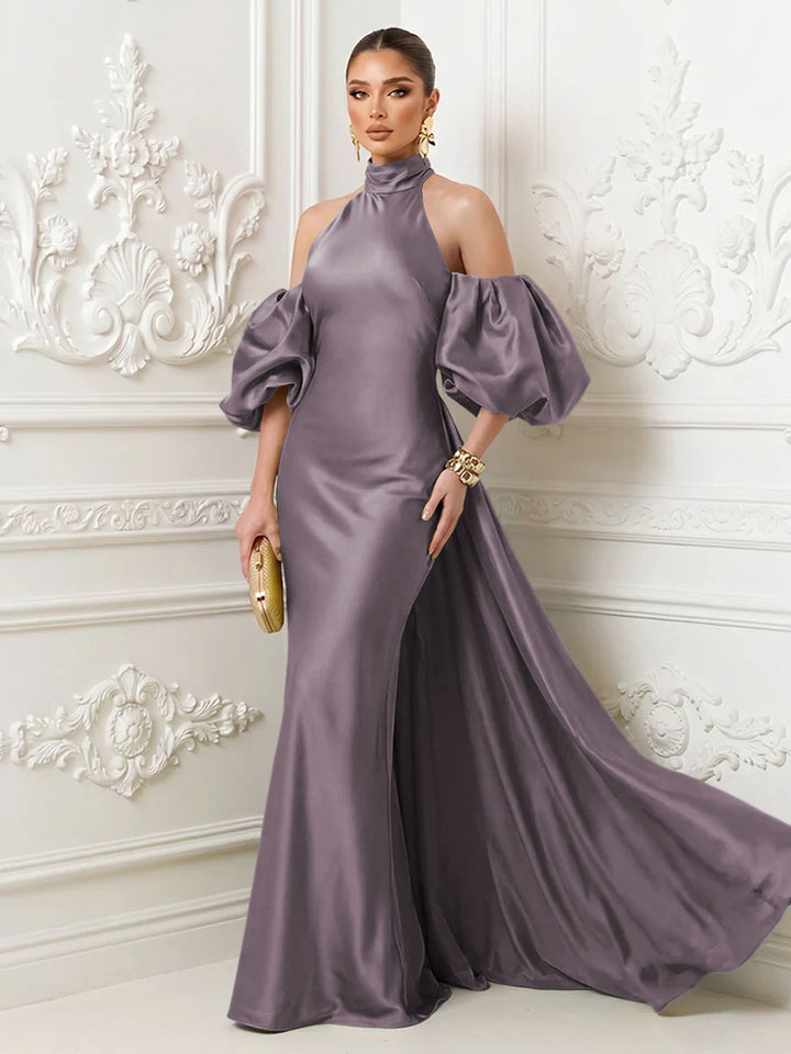 Satin Mermaid High Neck Puff Sleeves Evening Dresses with Draped Sash