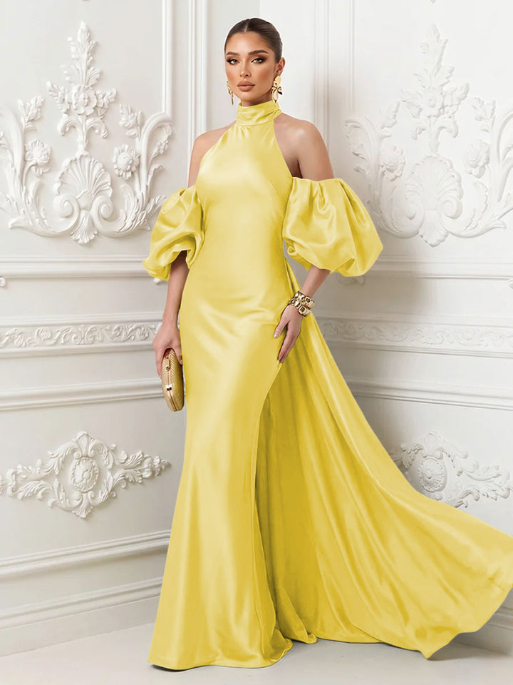 Satin Mermaid High Neck Puff Sleeves Evening Dresses with Draped Sash
