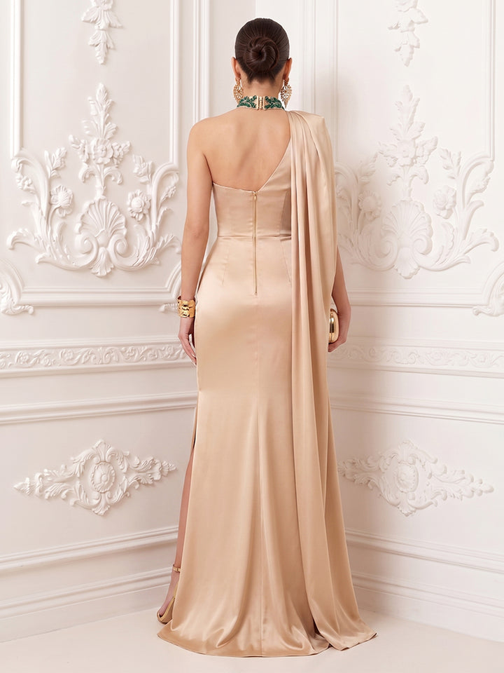 Satin Mermaid One Shoulder Slit Ruched Evening Dresses with Beading