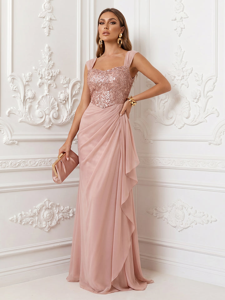 Sequin Mermaid Square Neck Ruffles Ruched Evening Dresses