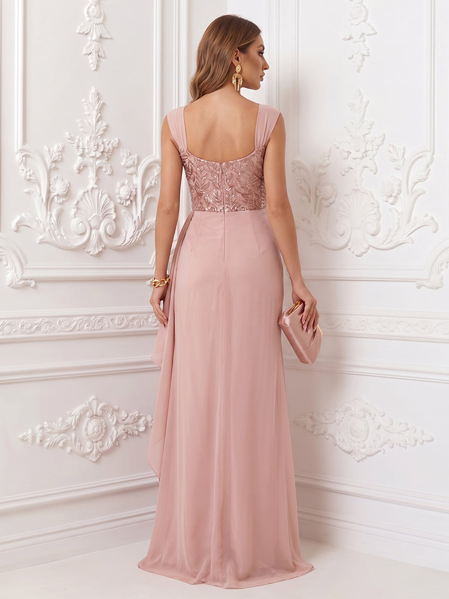 Sequin Mermaid Square Neck Ruffles Ruched Evening Dresses