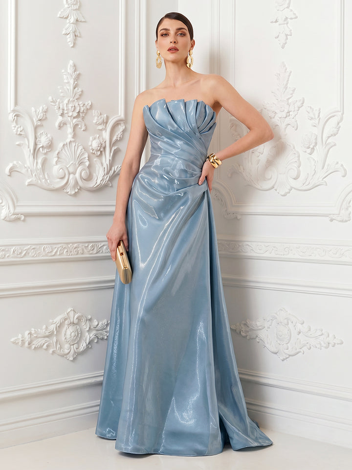 Satin A Line Strapless Corset Ruched Evening Dresses