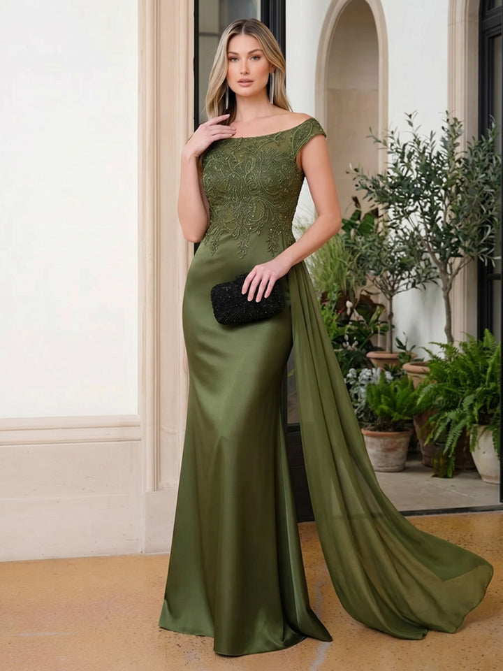 Satin Mermaid Scoop Neck Ruffles Lace Appliques Evening Dresses