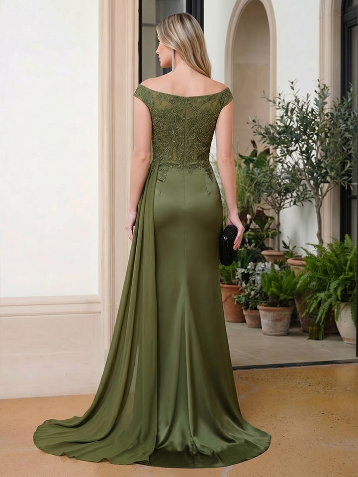 Satin Mermaid Scoop Neck Ruffles Lace Appliques Evening Dresses