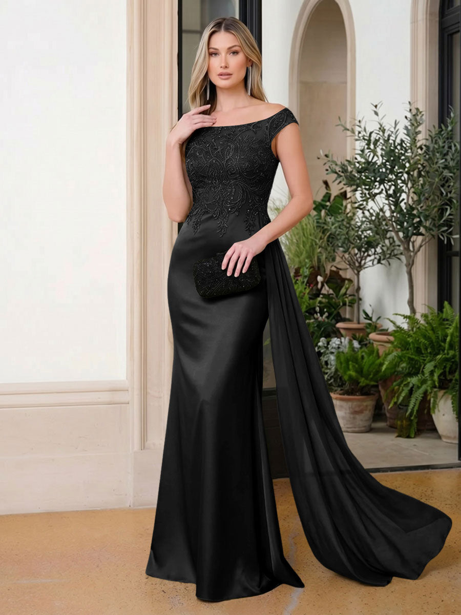 Satin Mermaid Scoop Neck Ruffles Lace Appliques Evening Dresses