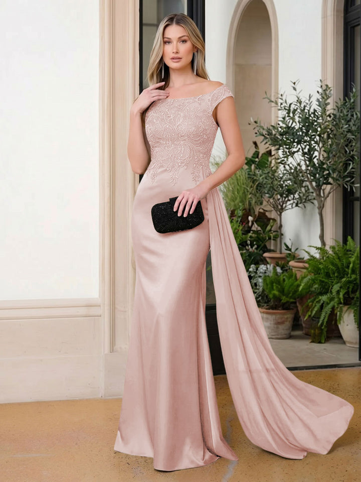 Satin Mermaid Scoop Neck Ruffles Lace Appliques Evening Dresses