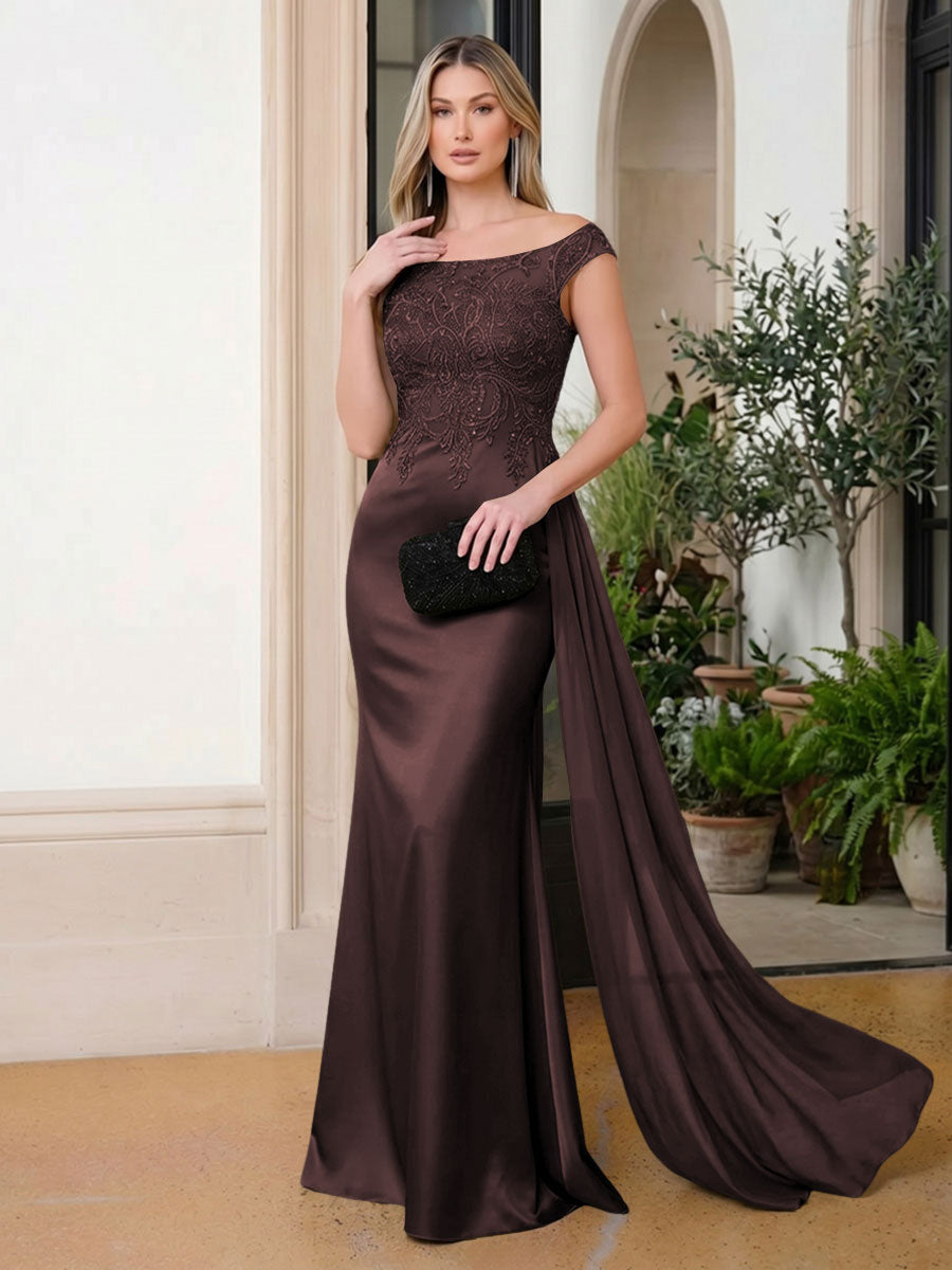 Satin Mermaid Scoop Neck Ruffles Lace Appliques Evening Dresses