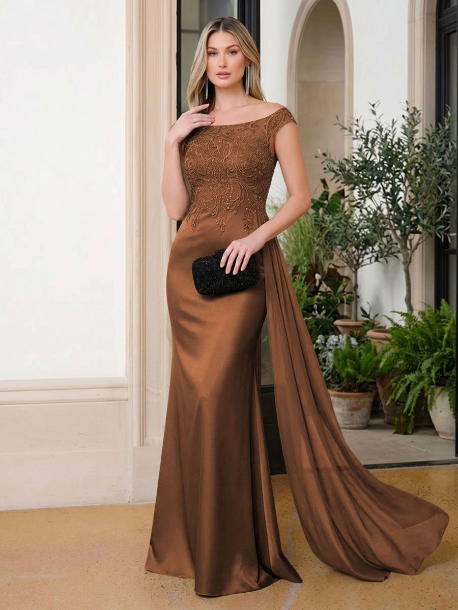 Satin Mermaid Scoop Neck Ruffles Lace Appliques Evening Dresses