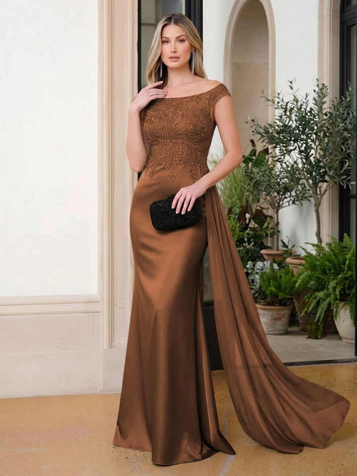 Satin Mermaid Scoop Neck Ruffles Lace Appliques Evening Dresses