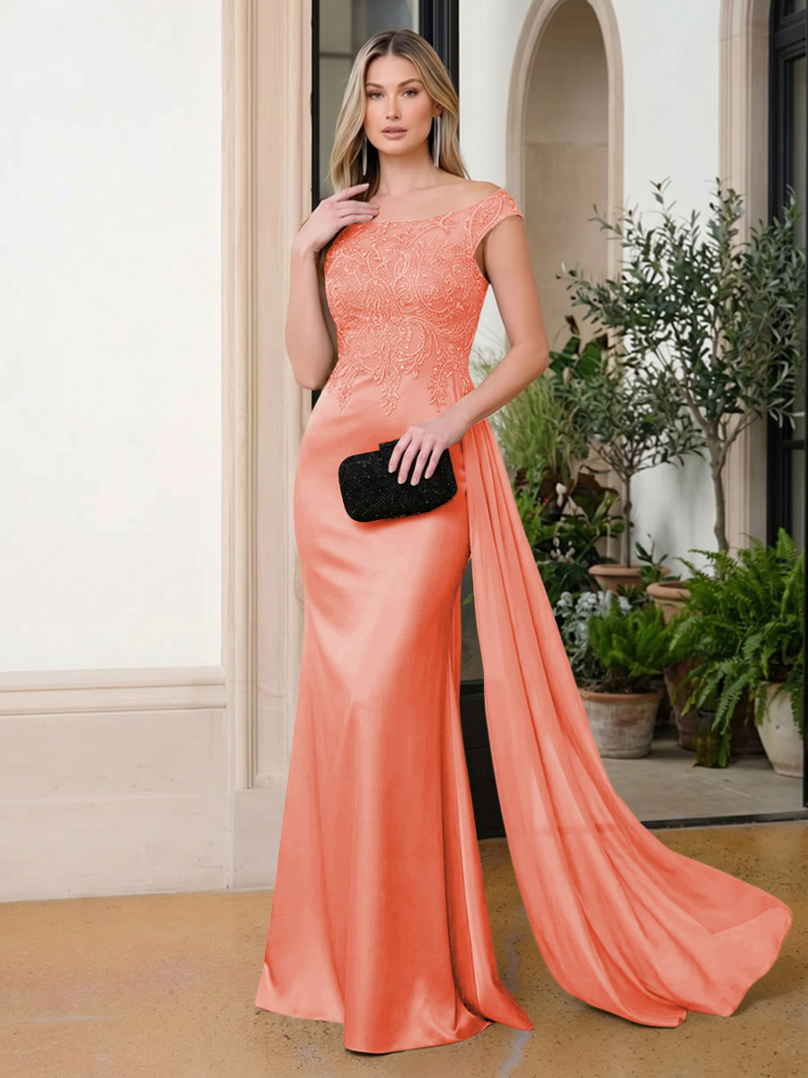 Satin Mermaid Scoop Neck Ruffles Lace Appliques Evening Dresses