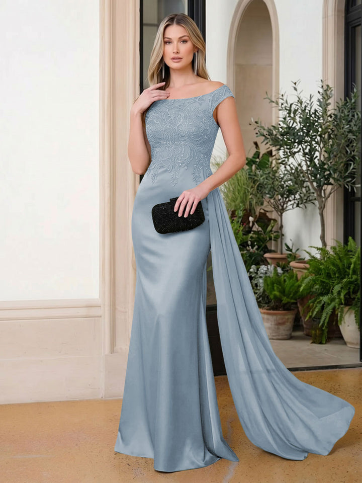 Satin Mermaid Scoop Neck Ruffles Lace Appliques Evening Dresses