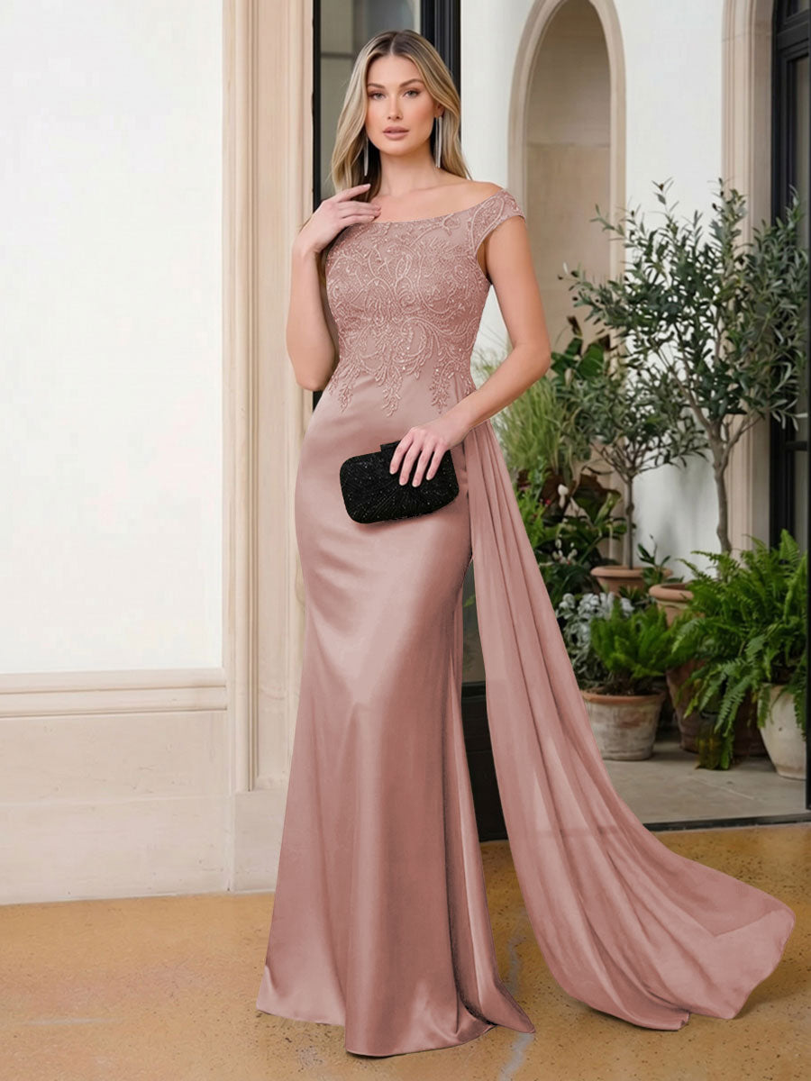 Satin Mermaid Scoop Neck Ruffles Lace Appliques Evening Dresses