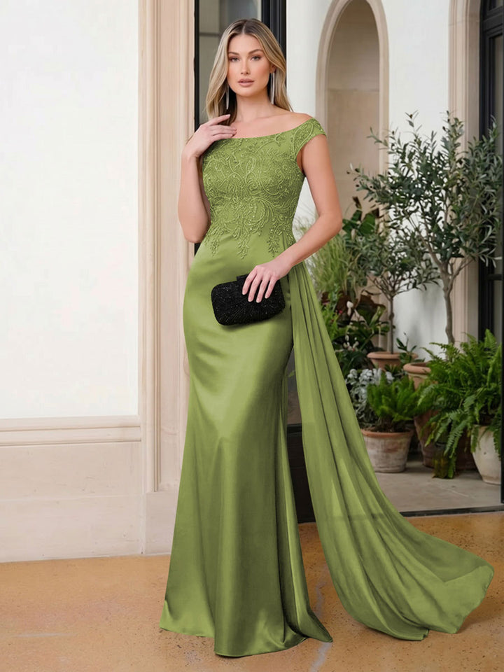 Satin Mermaid Scoop Neck Ruffles Lace Appliques Evening Dresses