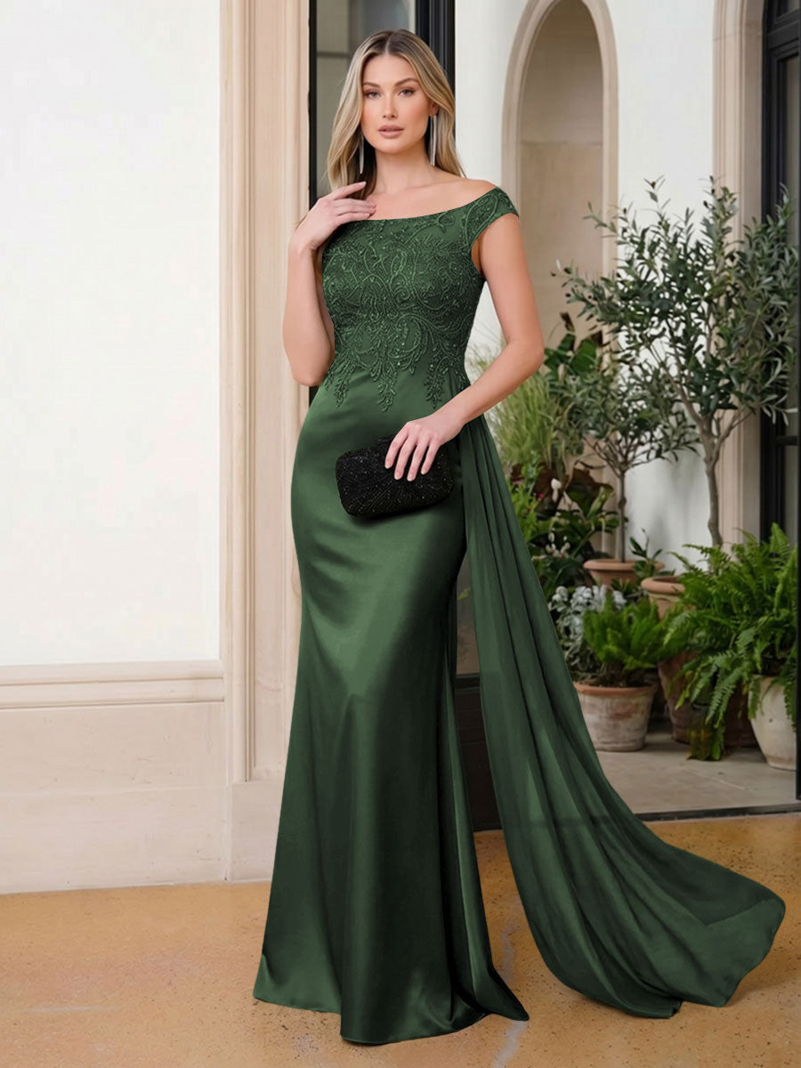 Satin Mermaid Scoop Neck Ruffles Lace Appliques Evening Dresses