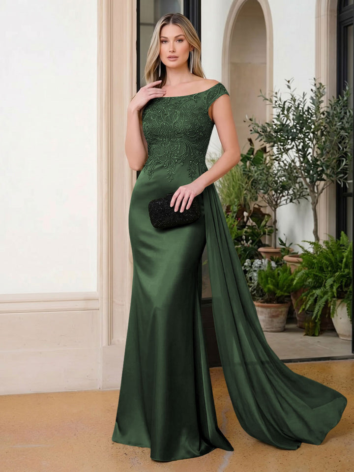 Satin Mermaid Scoop Neck Ruffles Lace Appliques Evening Dresses