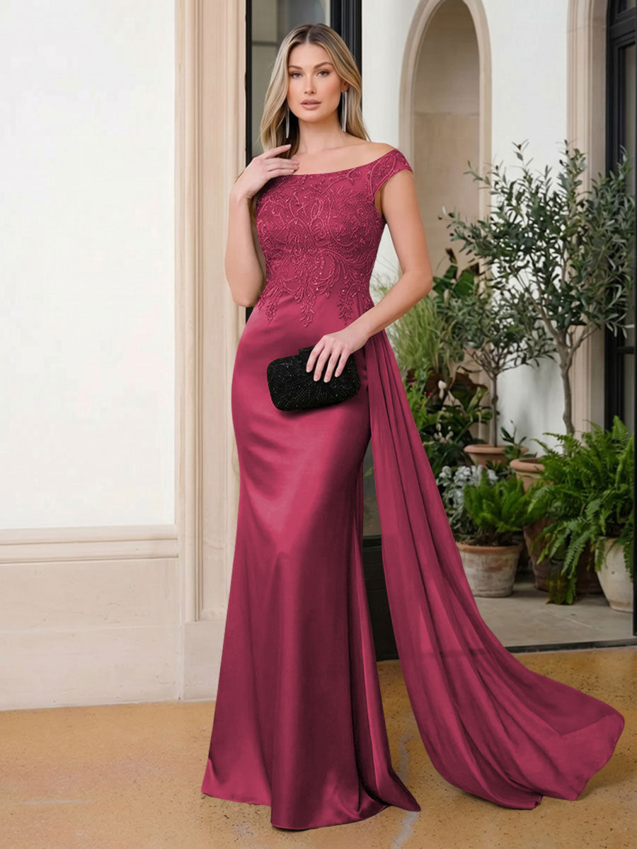 Satin Mermaid Scoop Neck Ruffles Lace Appliques Evening Dresses