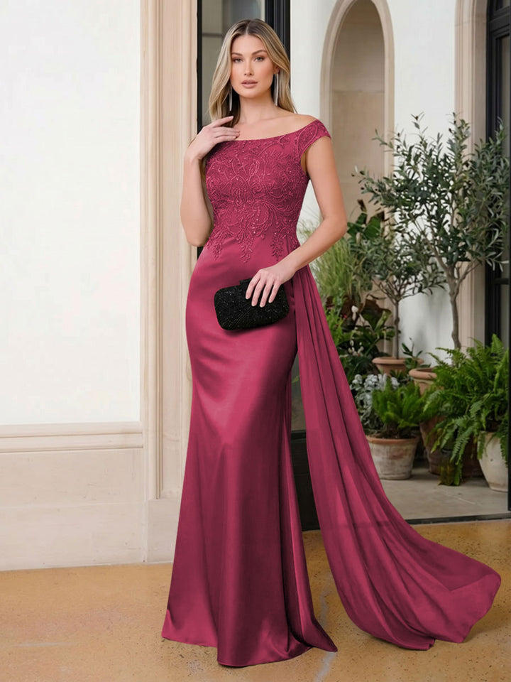 Satin Mermaid Scoop Neck Ruffles Lace Appliques Evening Dresses
