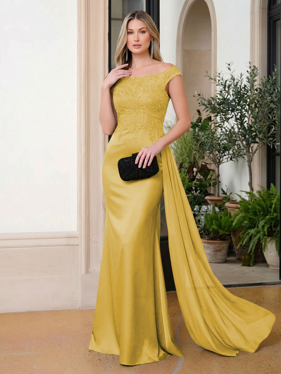 Satin Mermaid Scoop Neck Ruffles Lace Appliques Evening Dresses