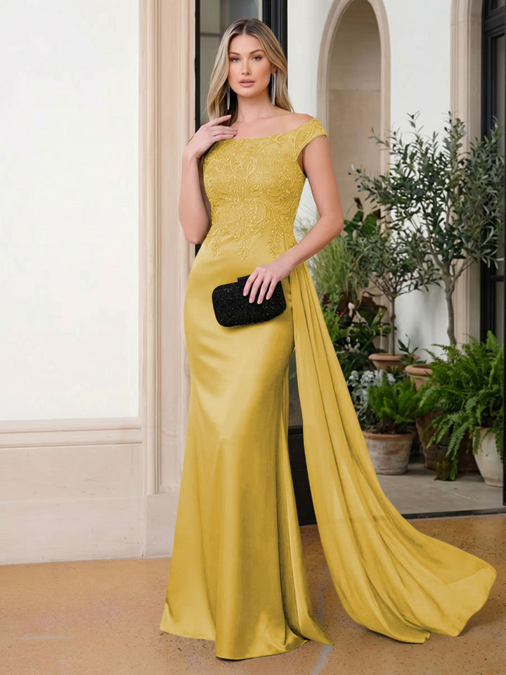 Satin Mermaid Scoop Neck Ruffles Lace Appliques Evening Dresses