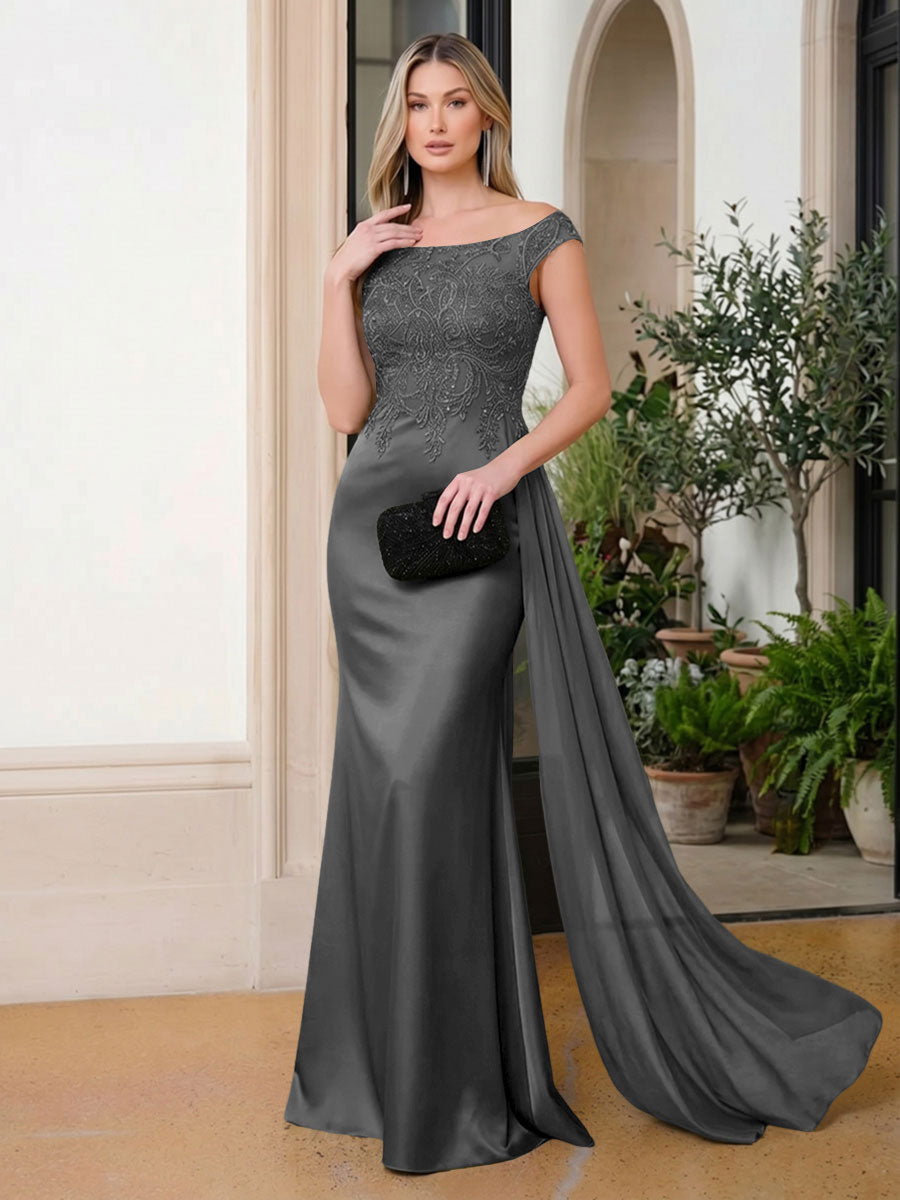Satin Mermaid Scoop Neck Ruffles Lace Appliques Evening Dresses