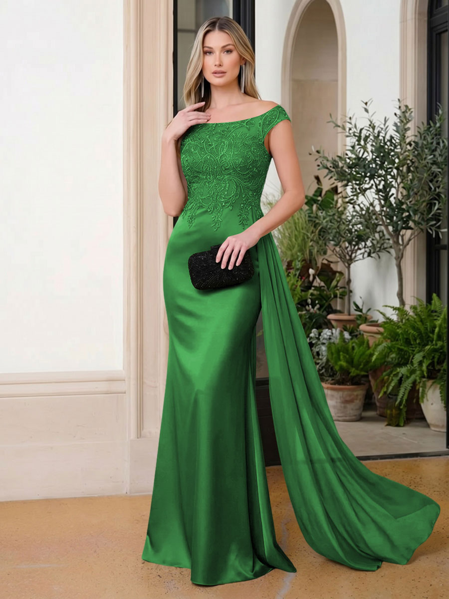 Satin Mermaid Scoop Neck Ruffles Lace Appliques Evening Dresses