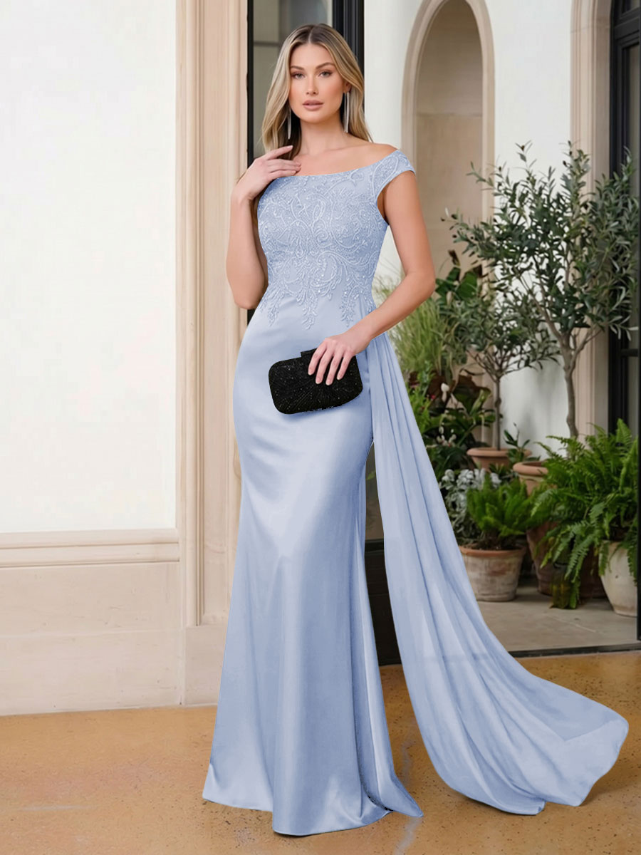 Satin Mermaid Scoop Neck Ruffles Lace Appliques Evening Dresses