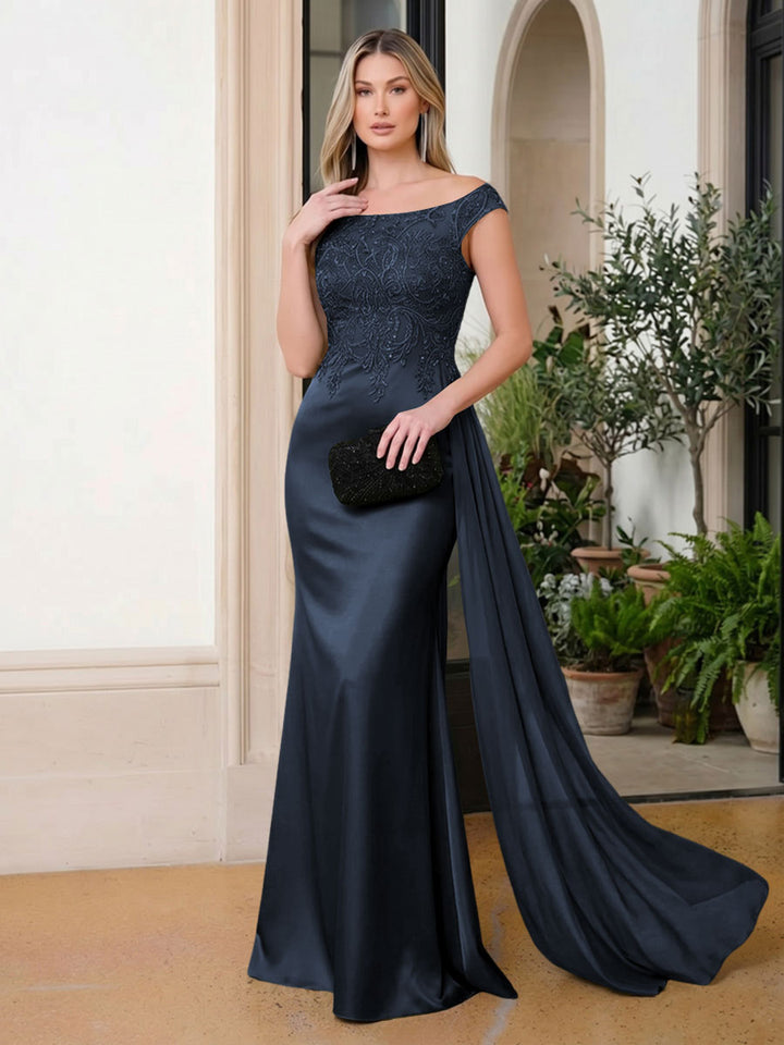 Satin Mermaid Scoop Neck Ruffles Lace Appliques Evening Dresses