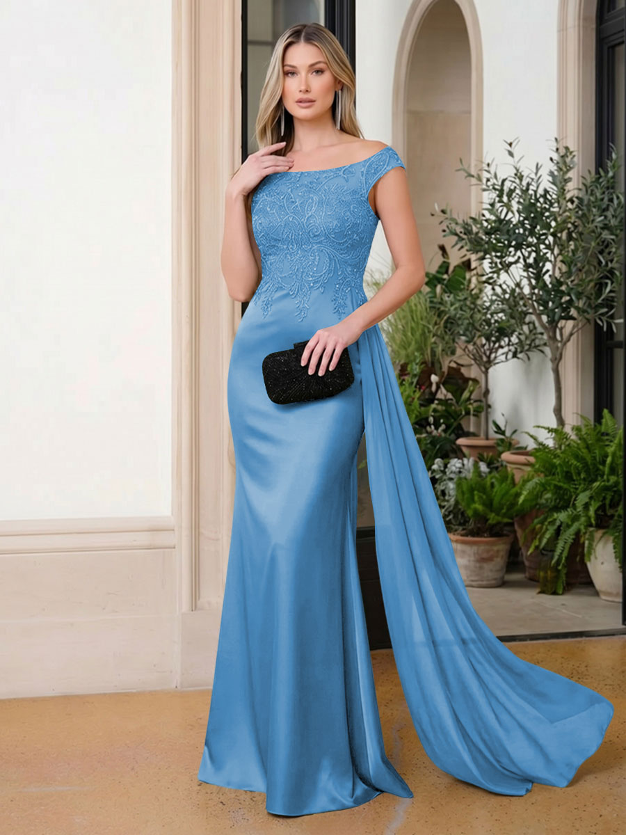 Satin Mermaid Scoop Neck Ruffles Lace Appliques Evening Dresses