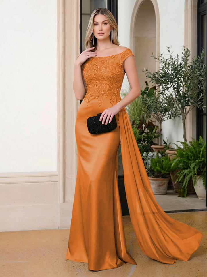 Satin Mermaid Scoop Neck Ruffles Lace Appliques Evening Dresses