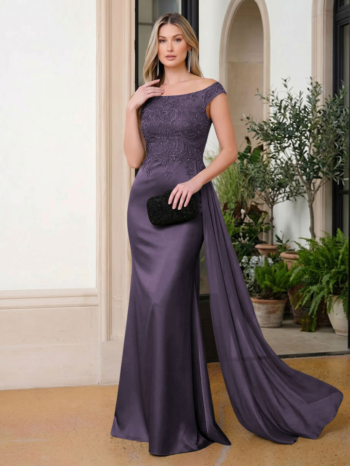 Satin Mermaid Scoop Neck Ruffles Lace Appliques Evening Dresses