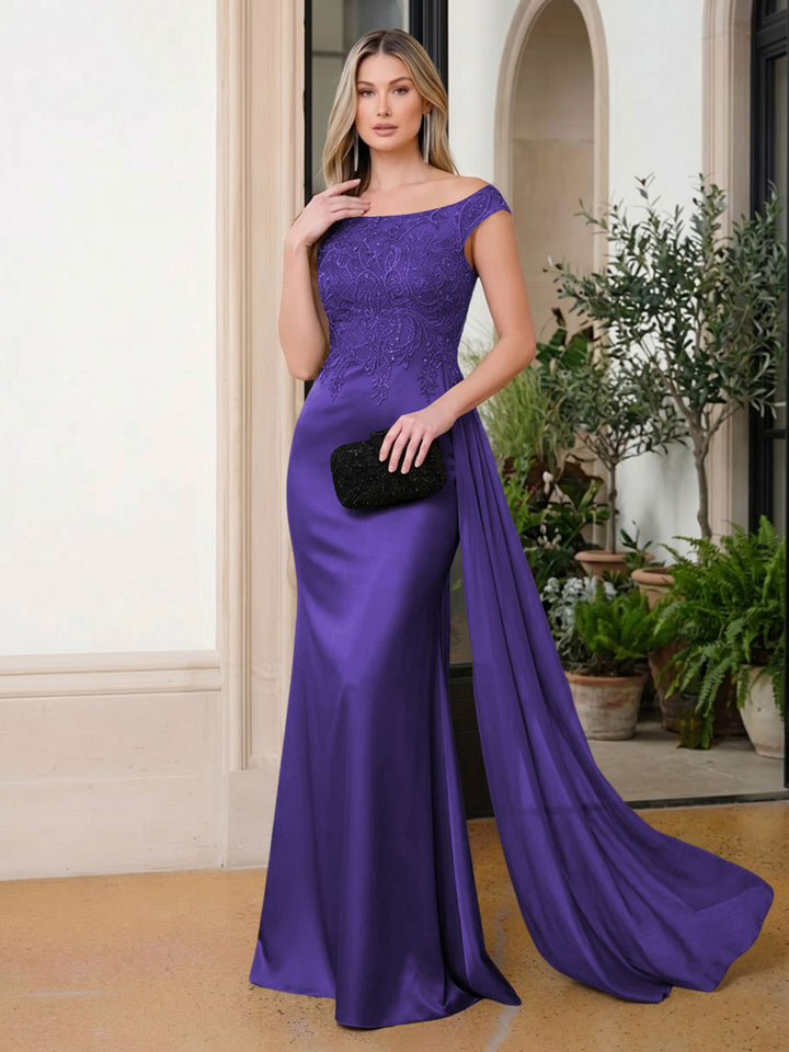 Satin Mermaid Scoop Neck Ruffles Lace Appliques Evening Dresses