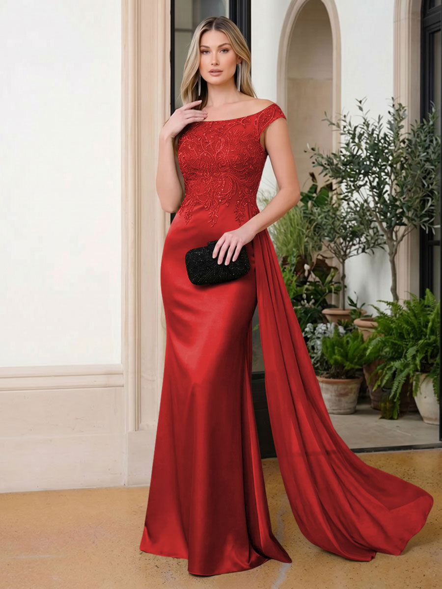 Satin Mermaid Scoop Neck Ruffles Lace Appliques Evening Dresses