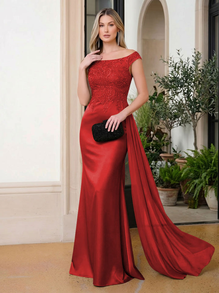 Satin Mermaid Scoop Neck Ruffles Lace Appliques Evening Dresses